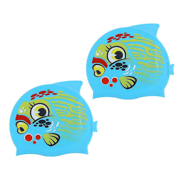 2-pack Unisex Barn Vattentät Silikon Cartoon Badmössa Fisk Djur Badhatt För Pojkar Flickor Sjö Blå