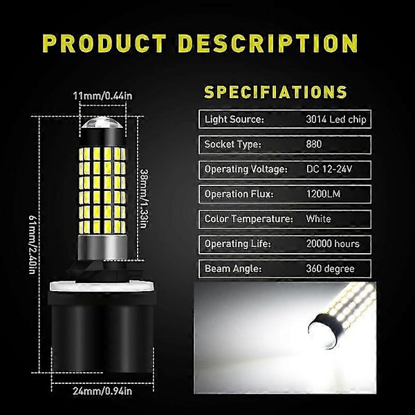 XHW -katur 2st H27w/1 880 LED-lampor Dimljus För Bilar LED Dimstrålkastare 78smd 3014 Billjus Källa 6000k Vit H27w1 H27 Led