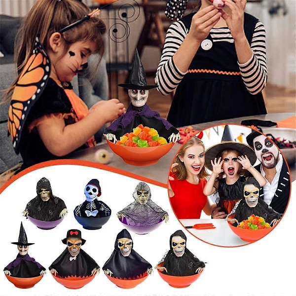 Halloween Godteri Skål Godteriskål med Bevegelse Halloween Godteriskål Spøkelse Fruktskåler med Lysende Øyne og Skummel Lyd C