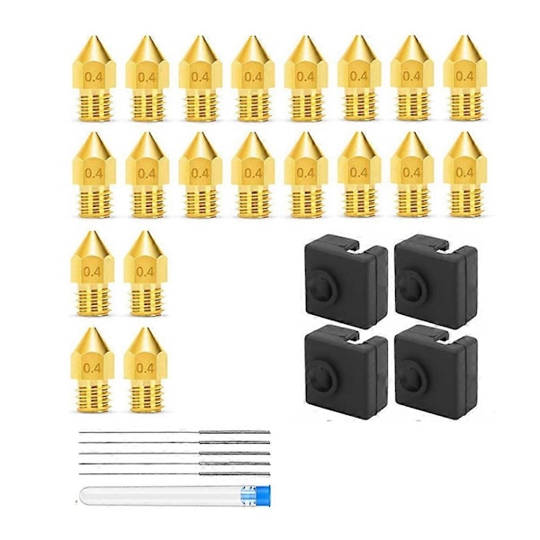 3D-skrivarmunstycken 0.4MM MK8 3 Munstycken 20 st med 4 st Värmeblock Silikonöverdrag, för 3 V2 med