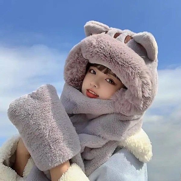 Uusi Korean Hooded Bear Beanie - Naisten Talvihattu Iso Turkiskaulaliina Lämmin Paksu Hattu Naisille Pehmeät Hansikkaat Kitten Kolmiosainen Pipo Hiihtohattu