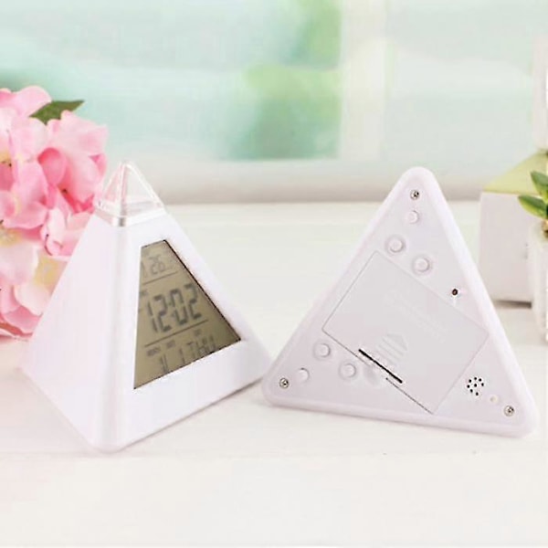 Digitalt LED Vækkeur 7 Farver Skiftende Natlys Tid Temperatur Display Pyramideformet Bordur FT