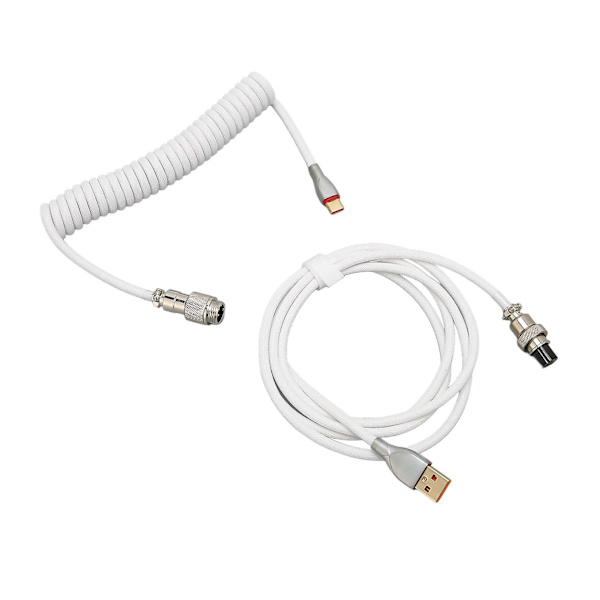 Tilpasset Spiralformet Mekanisk Tastaturkabel - Dobbel Mansjett, Avtakbar Fly USB C til USB A-kontakt (Hvit)