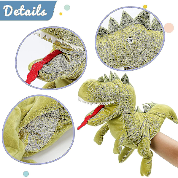 Plush Dinosaur Handdocka med Öppen Rörlig Mun, Interaktiv Leksak för Fantasifull Lek, Rollspel, Berättande Dockteater, 13\"