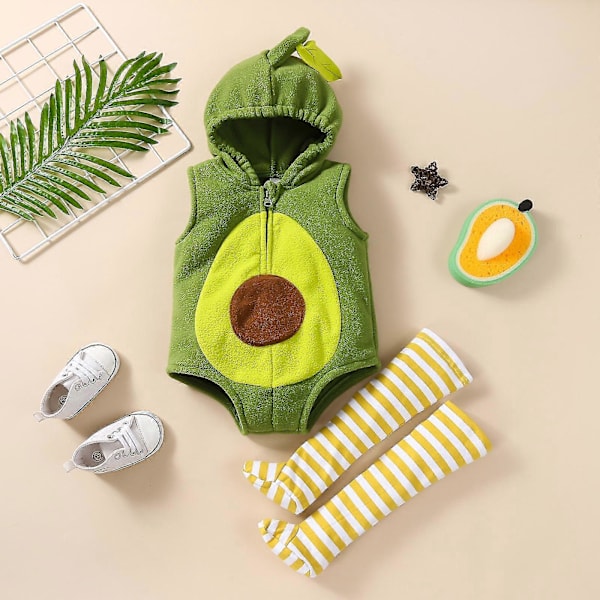 0-18m Baby Pige & Dreng Avocado Kostume Spædbarn Toddler Hoodie Bodystocking Kort Romper Purim Fastelavnskostume Med Strømper-FARVE: 70 (0-6M)