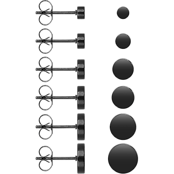 6 Par Sort Rustfrit Stål Ørestikker Unisex Runde Flade Ørestikker Mænd Kvinder Ørestikker (3 Mm - 8 Mm)