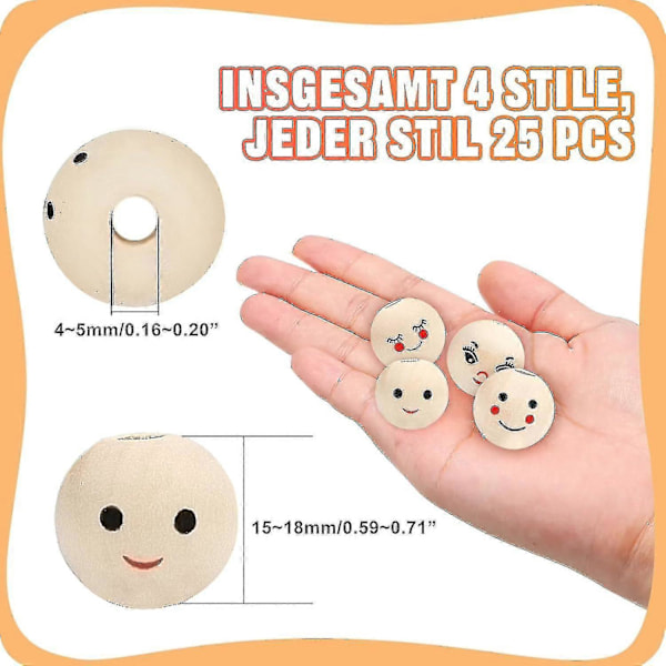 Träkulor Med Ansikte - 100 Träpärlor Med Smiley-ansikten (20 mm, Runda Pärlor För DIY Handgjorda Dekorationer)