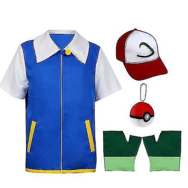 Menn Anime Blå Jakke Kostyme Gutter Jenter Ash Ketchum Cosplay For Halloween Party Kvinner Trener Caps Og Hansker Sett 110