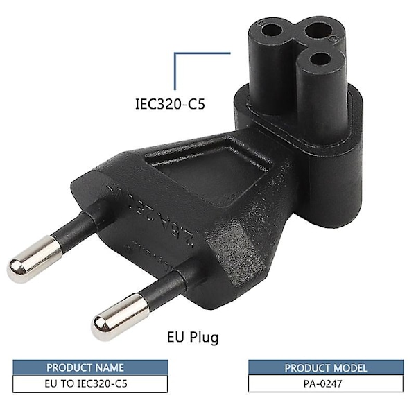 2-polet EU hann til IEC 320 C5 hunn AC-adapter med 2,5A sikring, EU industriell strømkonverter