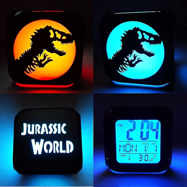 Jurassic Park Dinosaur 3D Stereo Mini-vekkerklokke Kreativ LED Nattelys Elektronisk Klokke Sengelampe Soverom Stemningslys - Med USB-laderkabel