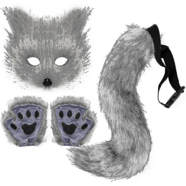 2024 Faux Fur Rævehale Kat Ulv Cosplay Kostume Sæt Plys Maske Fluffy Poter Handsker Halloween Jul-YuJia