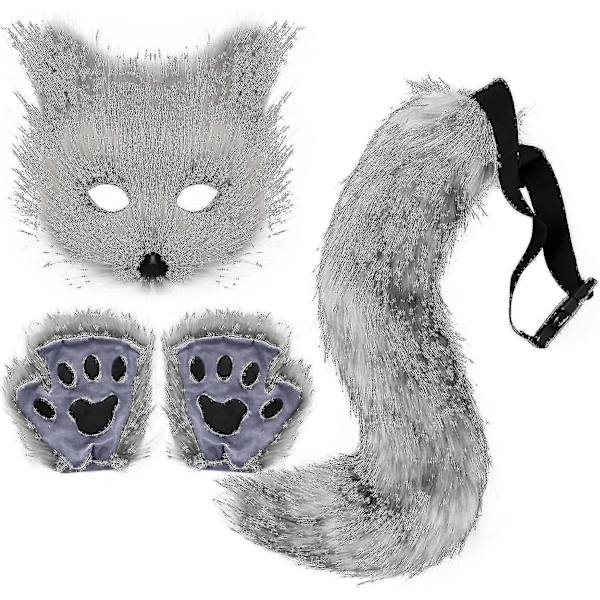 2024 Faux Pälsräv Svans Katt Var Cosplay Kostym Set Plysch Mask Fluffy Tass Handskar Halloween Jul-YuJia