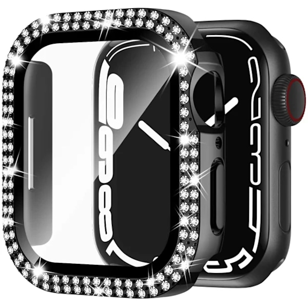 Bling Glass+ cover til Apple Watch Case 45mm 41mm 40mm 44mm 42mm 38mm Diamant bumper+skærmbeskytter iwatch serie 7 9 8 5 6 SE C sort C sort