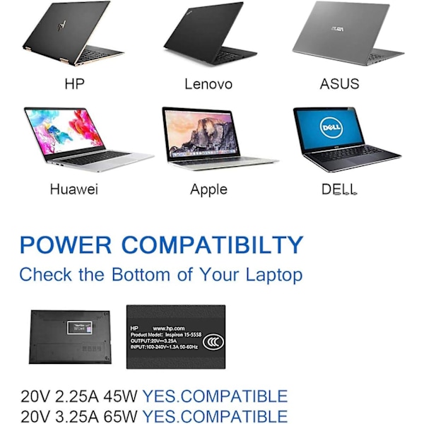 Lader for HP Bærbar Datamaskin 65W 45W USB-C Rask Strøm Adapter