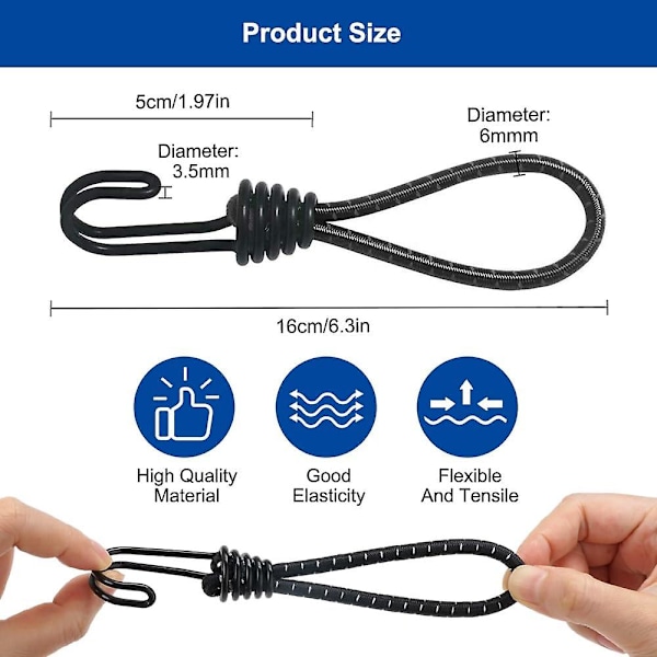 10 stk. Gummistropper med Spiralformede Kroge, 16 cm Korte Elastiske Stropper med Kroge, Presenningstropper med Dobbelte Kroge, Campingbælte