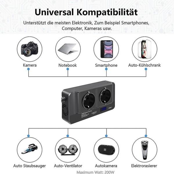 200W Bilinverter, Spänningsomvandlare 12V till 220V med Smart Tidvisning LCD, 2 Uttag och 4 USB-C