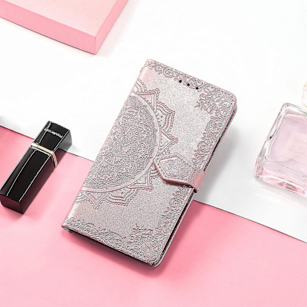 Kompatibel med Samsung Galaxy A12 Fodral Läder Plånboksfodral Präglad Mandala Magnetisk Flip Skydd Stöttålig - Roséguld