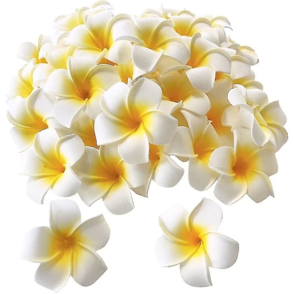 100-pack vita skum hawaiianska frangipani konstgjorda plumeria blomblad mössa ha