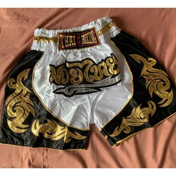 Short Enfant - THAI Boxe Kickboxing - Hvid Farve - Størrelse 12-14 år - 100% Satin Polyester - M