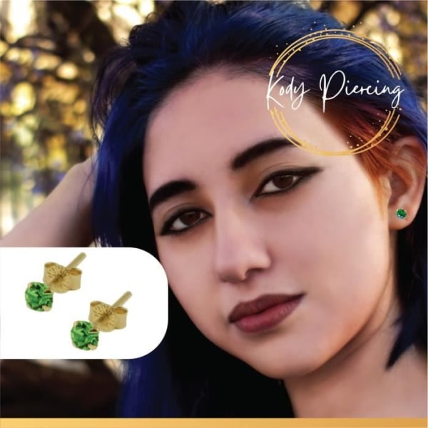 Piercing smycken örhängen i massivt 9 karat guld - ädelstensset: rund grön kristall 3 mm