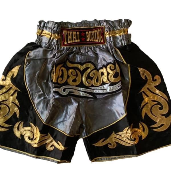 Kort Enfant Muay Thai - Grå - Storlek 10-12 år - 100% Satin Polyester - Boxning Kickboxning grå 10-12 år gammal