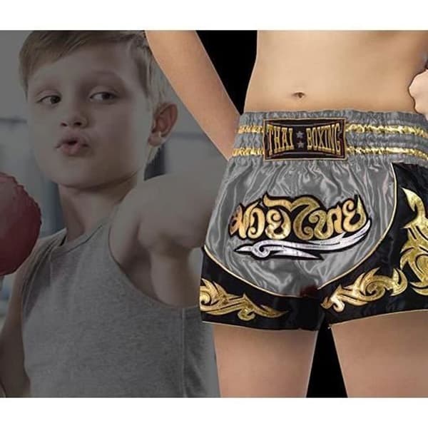 Kort Enfant Muay Thai - Grå - Storlek 10-12 år - 100% Satin Polyester - Boxning Kickboxning grå 10-12 år gammal