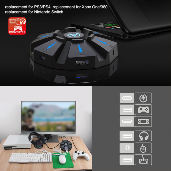 USB-C Gaming Tangentbord Mus Adapter Andningsljuskontroller Plastkonverterare Spelkonsol Tillbehörsbyte för PS3/PS4 Betterlifefg
