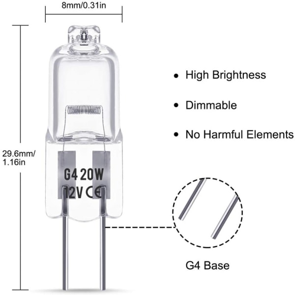 G4 halogenlampor, 12V 20W halogenstiftslampa, 2800K varmvit, dimbar, G4 lågspänningshalogenlampa, genomskinlig kapsellampa, paket med 10