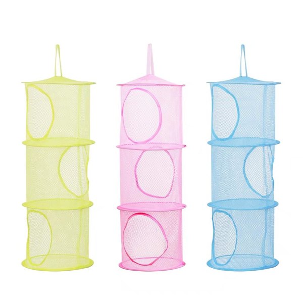 Förvaringsnät för barn, hopfällbart mesh hängande leksaksförvaringskorg med S-krok för plyschleksaker Små kläder Underkläderstrumpor 3 st (rosa, grön, blå)