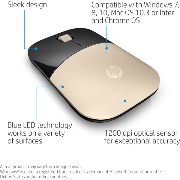 HP Z3700 2,4 GHz USB trådlös mus med blå LED, 1200 DPI optisk sensor, guld