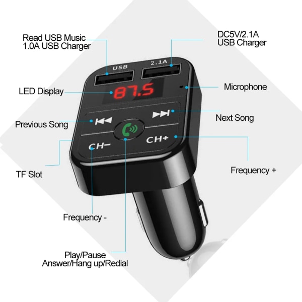 Bil Bluetooth 5.0 FM-sändare Trådlös handsfree ljudmottagare Auto MP3-spelare 2.1A Dubbel USB Snabbladdare Biltillbehör Betterlifefg