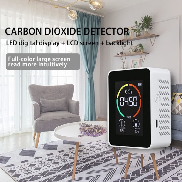 CO2-mätare med LCD-bakgrundsbelysning TVOC-sensorer inomhus koldioxid CO2-koncentrationsdetektor Smart Air Quality Analyzer Tester (Vit) Sunmostar