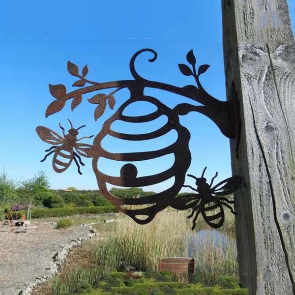 Betterlifefg-Bee Wall Art Rostig metall bikupa för trädgårdsdekor Utomhus väggdekorationer