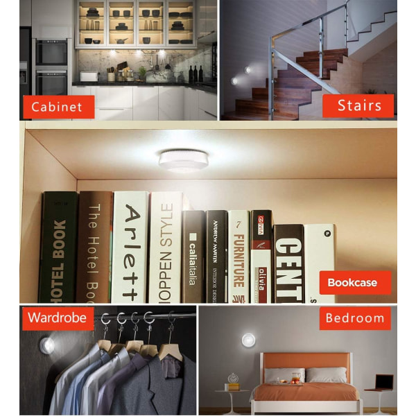 LED självhäftande lampor för skåp, självhäftande lampor för kök, skåplampor, garderobsbelysning, batteridrivna LED-skåplampor，Pack med 6