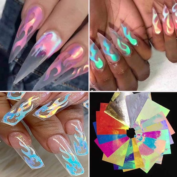 Flame Reflections Nail Stickers - 16ST Halloween Holographic Fire Flame Nail Art Dekaler Sunmostar