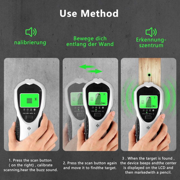 Väggdetektor 4 i 1 väggskanner materialdetektor, konstruktionsdetektor med LCD-ljusindikator och ljudvarning, detektera metaller, Electr Sunmostar