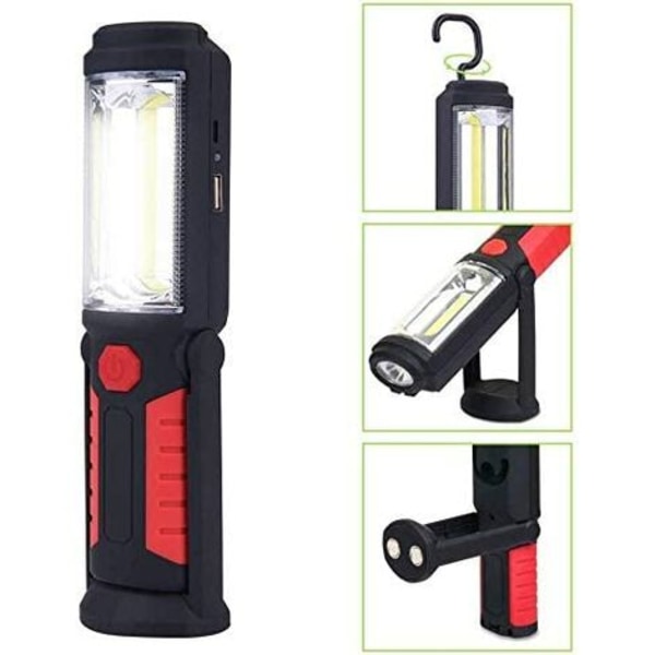 Handsfree uppladdningsbar LED-ficklampa 3W 2 i 1 COB LED-handhållen ficklampa för camping/vandring/bil/garage/verkstad, två ljuslägen, röd