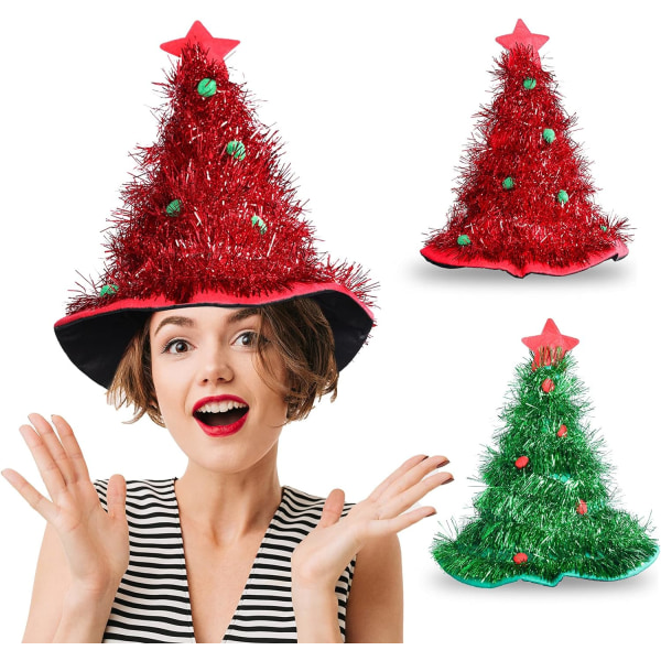 2 Styck Julhattar Julgran Glitter Hattar Xmas Tree Hat Kostym Accessoarer Röd Grön Glitter Jul hattar Sunmostar
