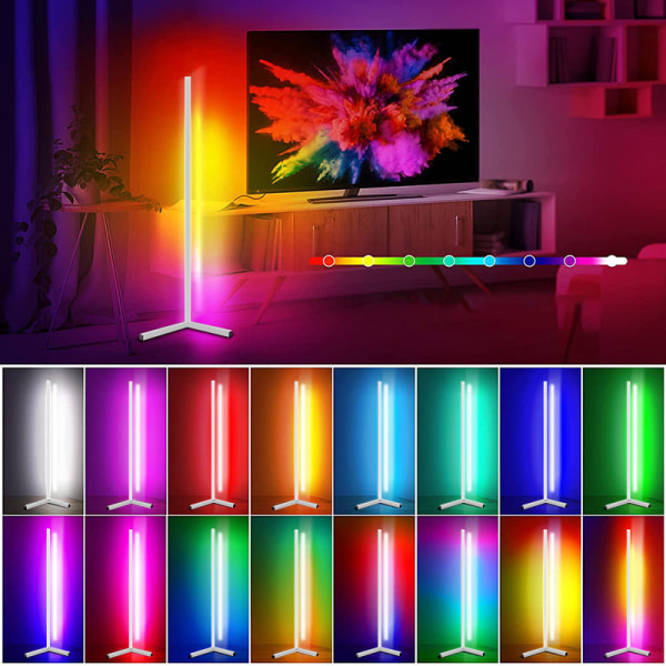 LED-golvlampa, RGB-golvlampa för vardagsrum på hörnstativ, justerbar färglampa, vardagsrumslampa med fjärrkontroll, led-golvlampa på stativ