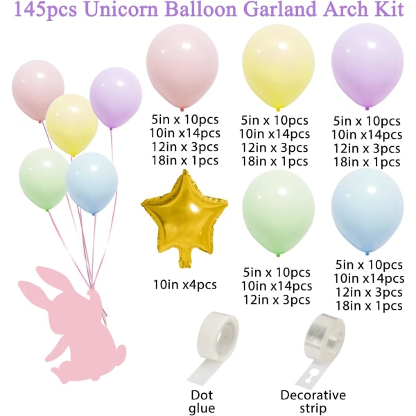 145 st Pastellballonggirlandskit Unicorn Macaron Rainbow Balloon Arch med stjärnfolieballonger för festdekorationer