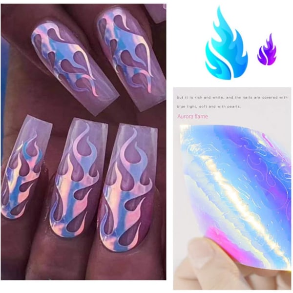 Flame Reflections Nagelklistermärken 16 ark holografiska Fire Flame Nail Art Dekaler Nagelstencil för naglar Manikyr DIY Nagelfolie Tejp Sunmostar