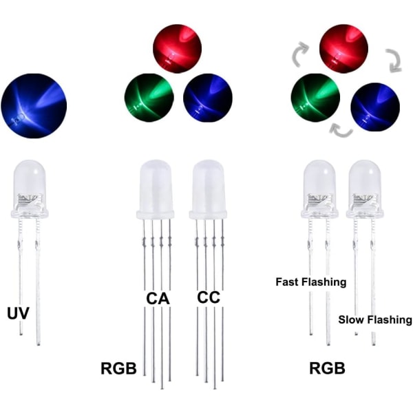 Paket med 300 3 mm och 5 mm klara och diffusa lysdioder med UV, RGB AC, snabbblinkande för Arduino,