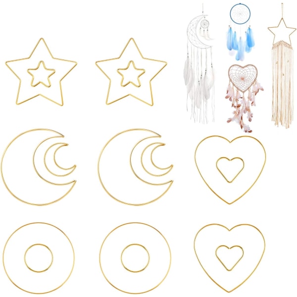 16 delar metallringar Måne, stjärna, hjärta, makramecirkel för drömfångare, makrame och bröllopskransdekoration (guld, 5, 15 cm) Sunmostar