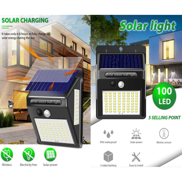 4-pack Super Bright 100 LED-solljus, IP65 vattentät, trådlös, rörelsesensor, säkerhetssolljus för ytterdörr, trädgård, uteplats, Gar Sunmostar