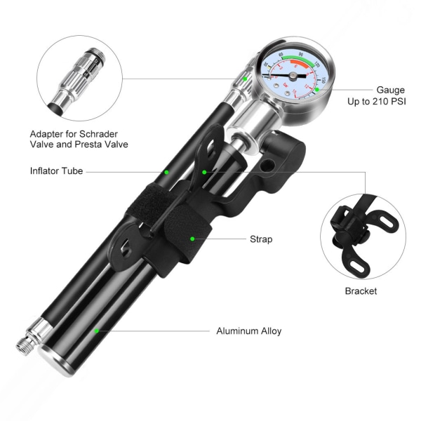 Cykeldäcksreparationssats med minicykelpump med 210 PSI högtrycksmätare, bärbar högtryckspump för mountainbike Sunmostar