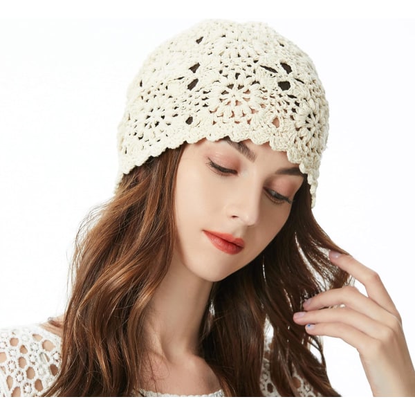 Kvinnor Bomull Virkad Slouchy Beanie Hat Handgjord Stickad Cutout Sommar Blommig Cap