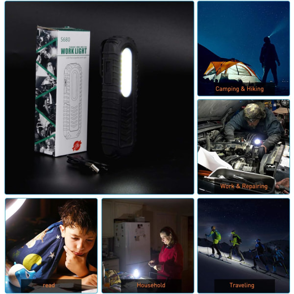 Uppladdningsbar LED-arbetslampa, 5W COB LED-arbetslampa fram med krok och magnetisk bas för nödsituationer i verkstaden（1 st）
