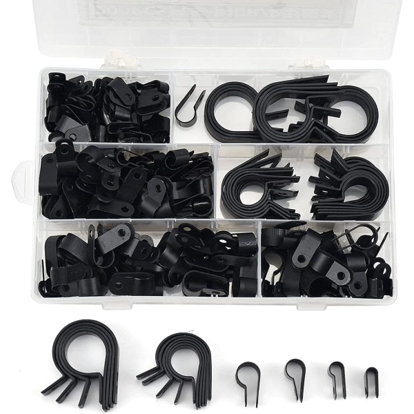 200 stycken Nylon buntband-R, P Clips Nylon plaströrsklämmor, fästelement för ledningar, kablar, ledningar och mantel (svart) Sunmostar