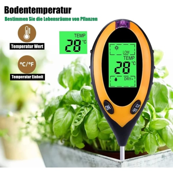 Jordtestare 4 i 1 Jordtestare PH-mätare Solljustemperatur Hygrometer för trädgårdsgård Gräsmatta Inomhus Utomhus Växt Blomma Sunmostar