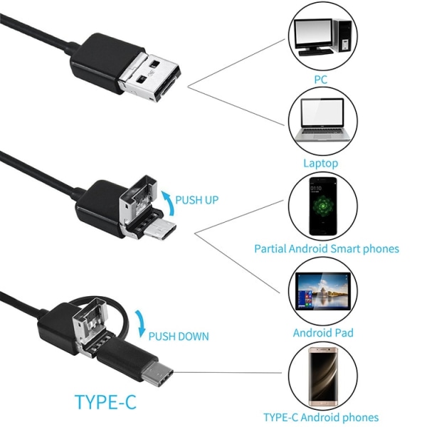 Endoskopkamera 3 i 1, USB, LED, IP67, Svart